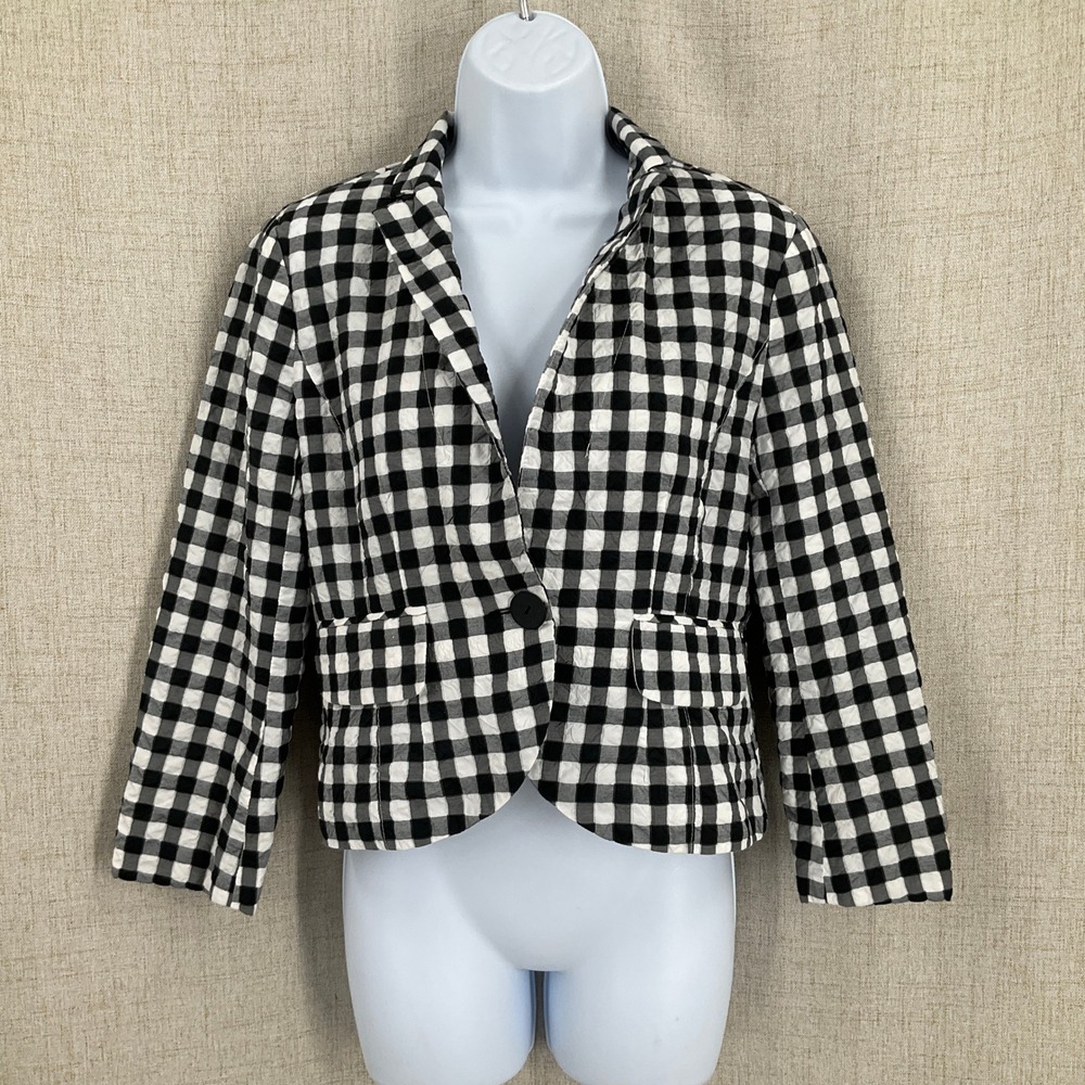 Nanette Lepore Blazer‎ Womens 6 Black Cotton Gingham Checkered Cropped Preppy